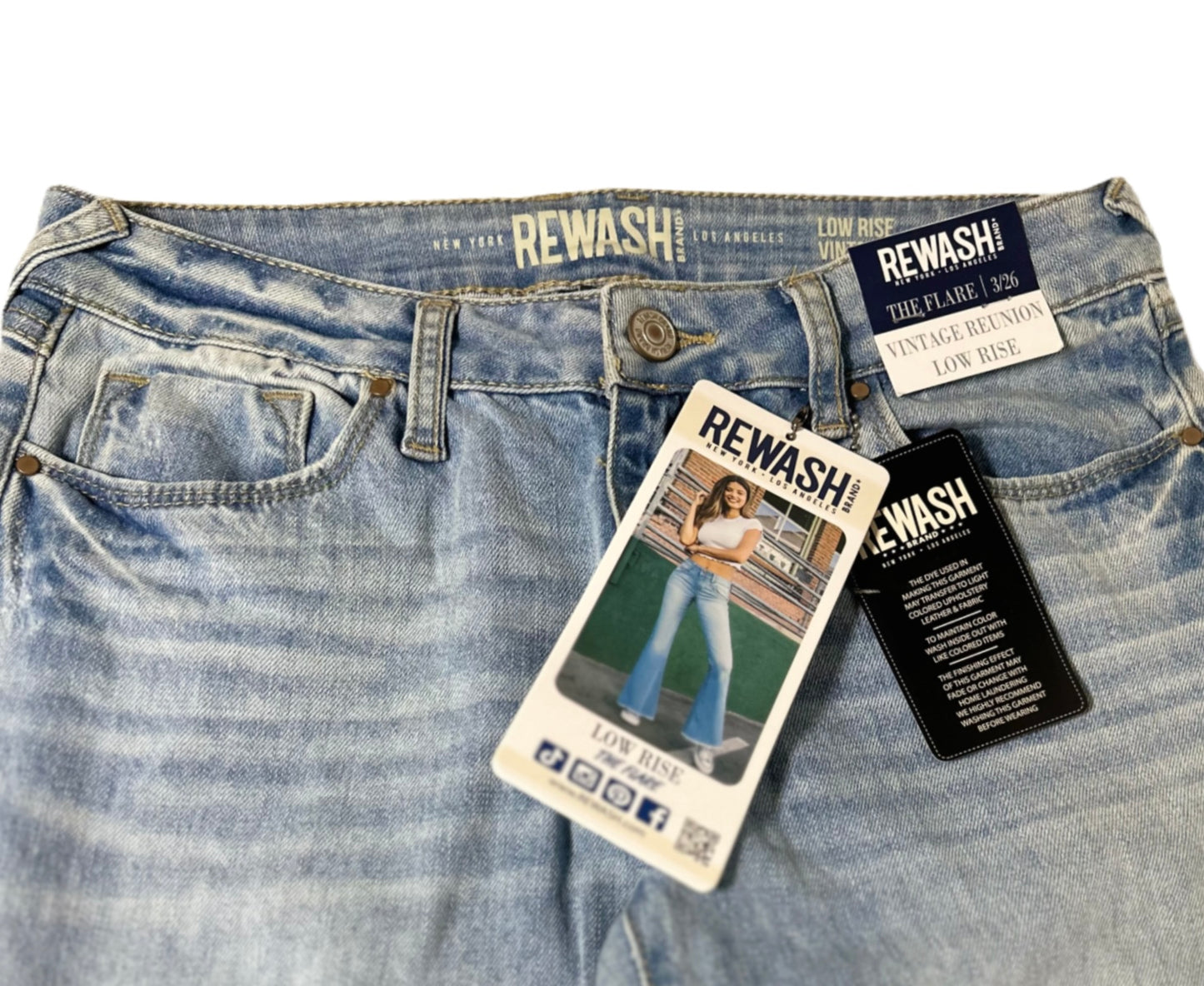 REWASH Low-Rise Distressed Flare Jeans