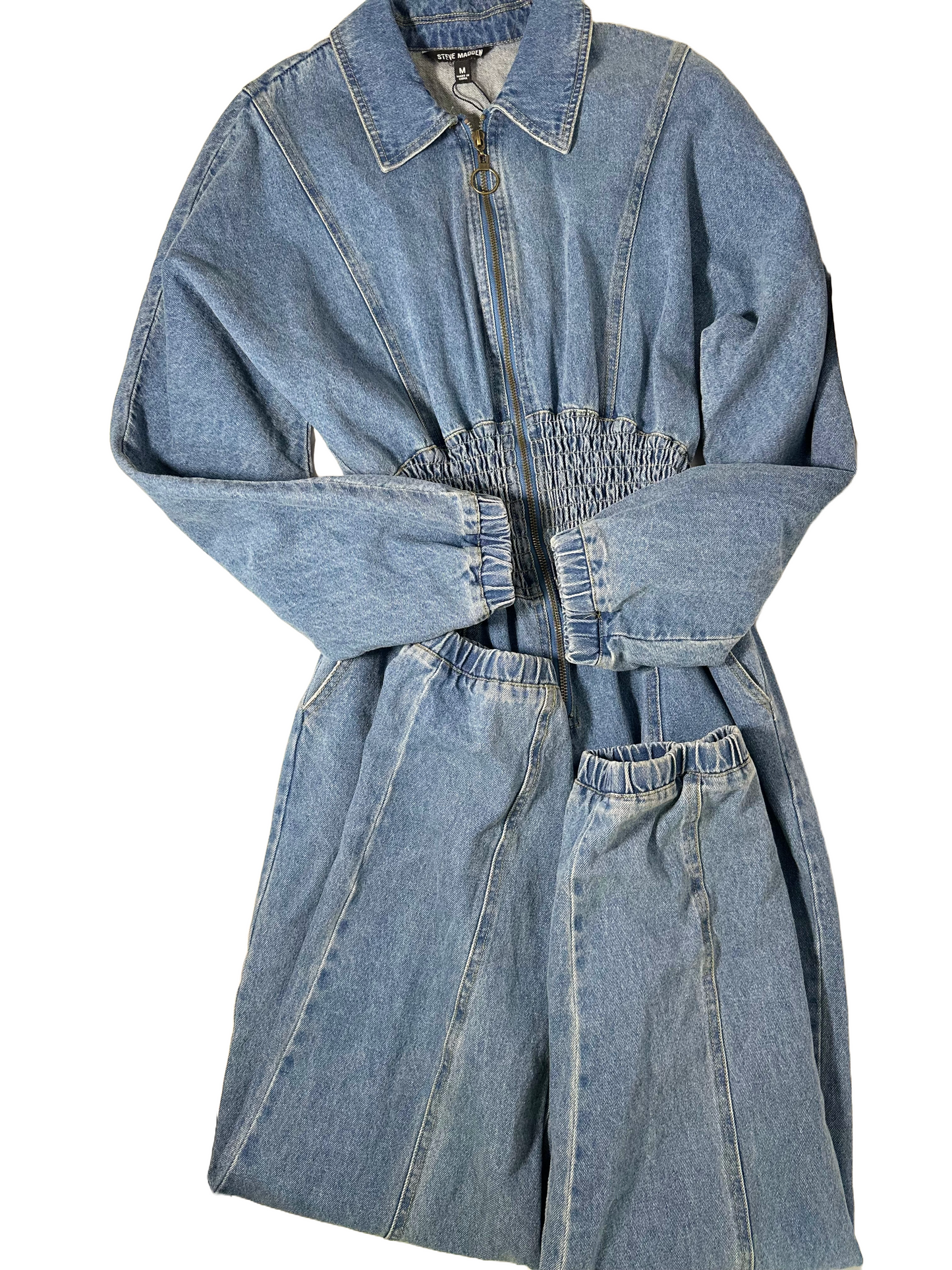 STEVE MADDEN Women’s Coya Denim Smock-Waist Jump Suit