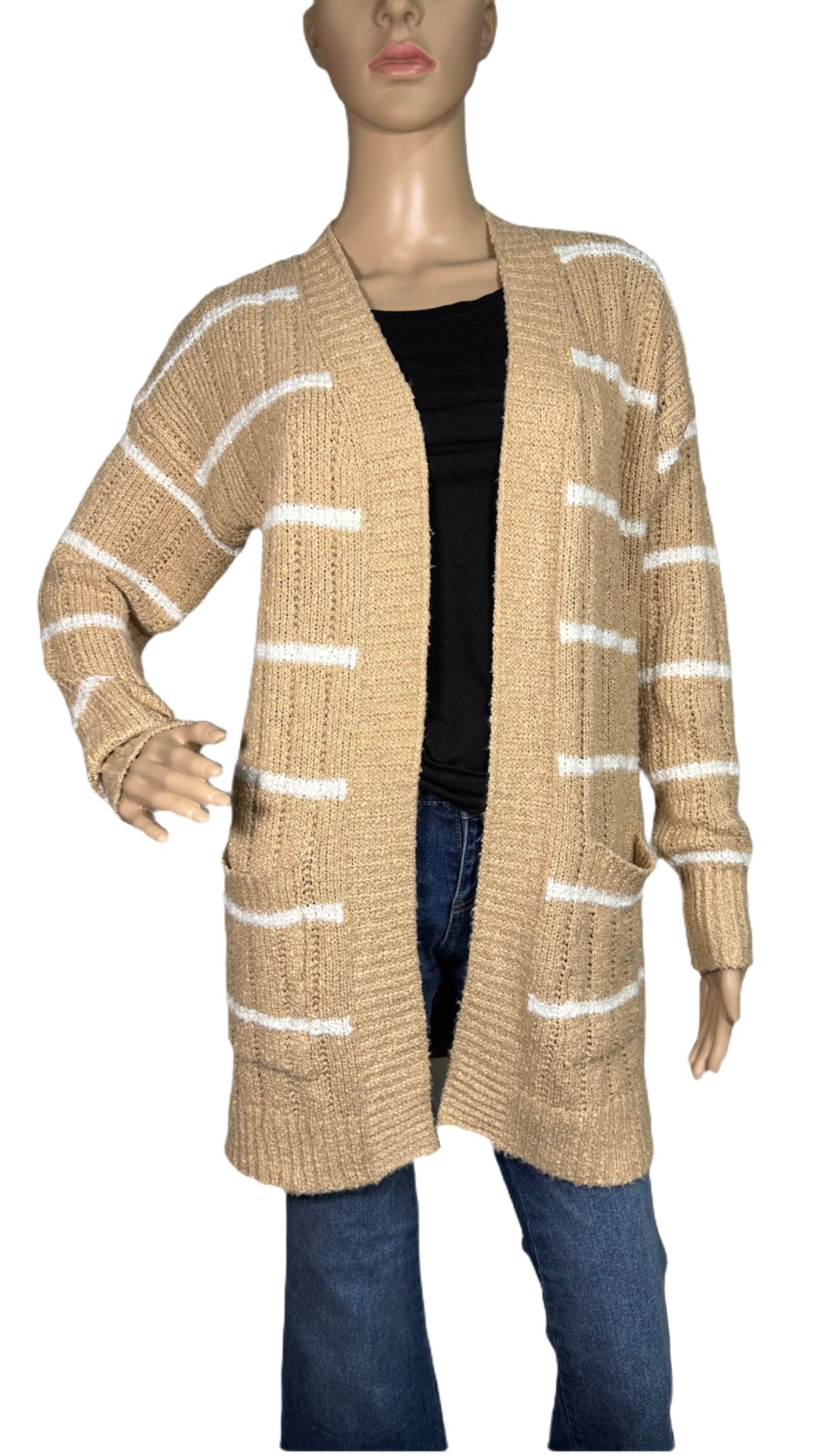 HIPPIE ROSE Striped Open-Front Long Cardigan