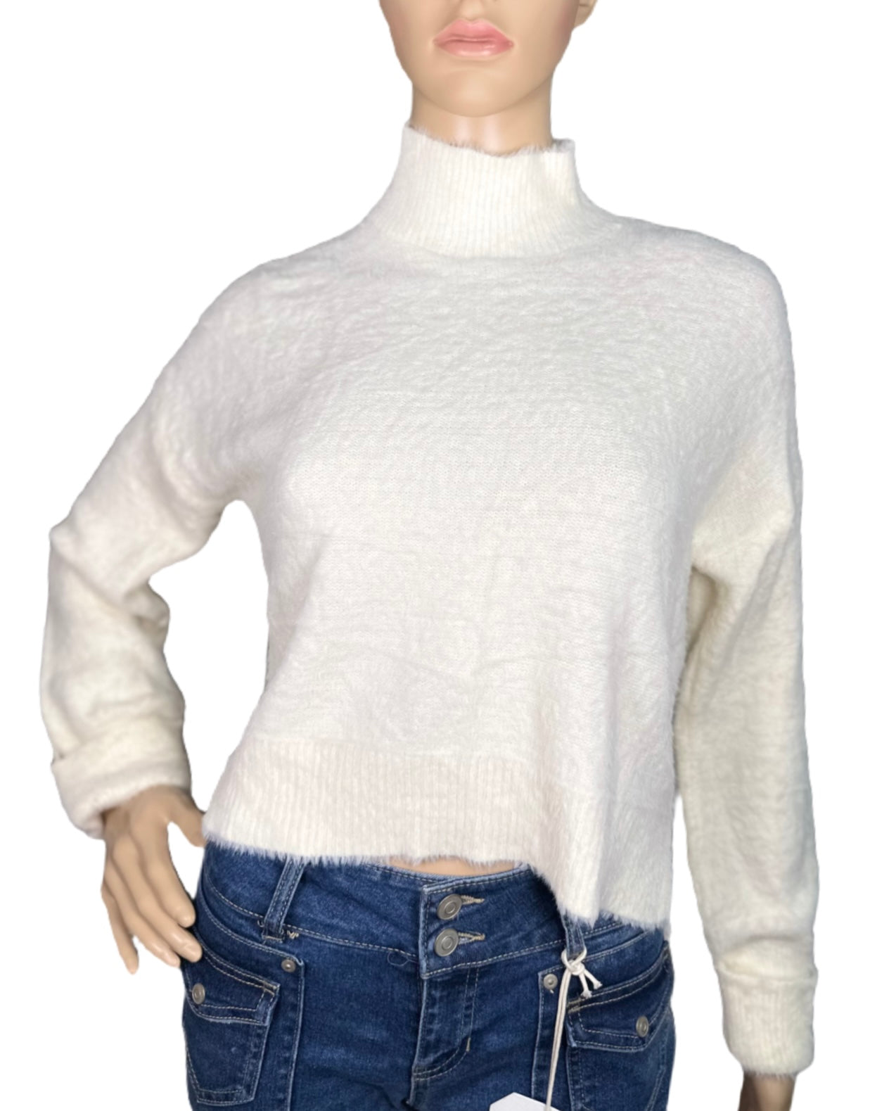 HIPPIE ROSE Eyelash Mock-Neck Cuffed Sweater