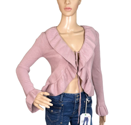 HIPPIE ROSE Tie-Front Flutter-Sleeve Cardigan Sweater
