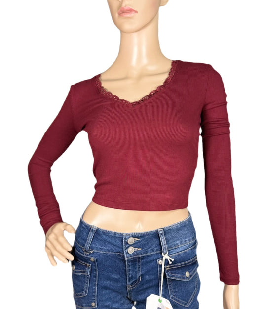 SELF ESTEEM Lace-Trimmed V-Neck Ribbed Top