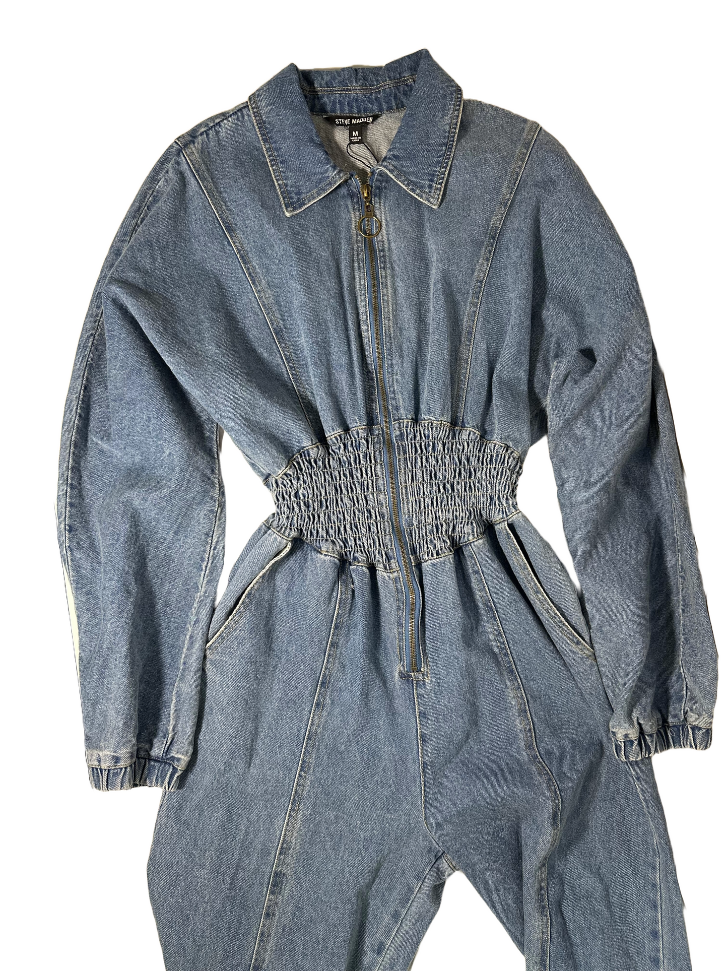 STEVE MADDEN Women’s Coya Denim Smock-Waist Jump Suit