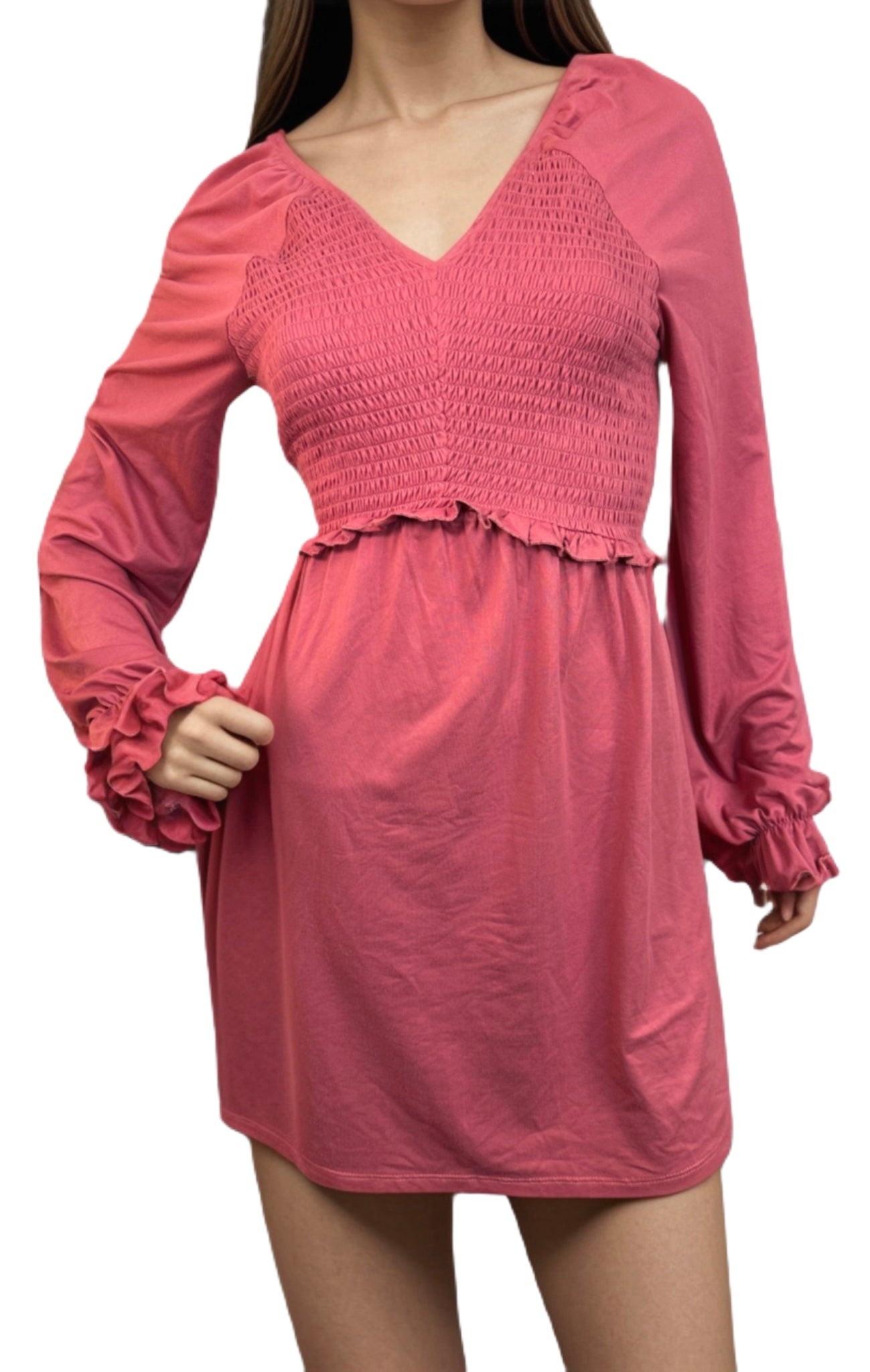 LOVE, FIRE Long-Sleeved Smocked Mini Dress