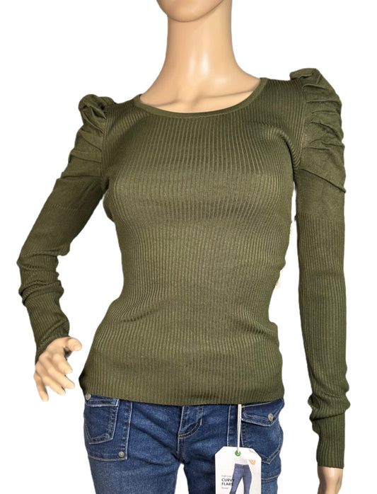 CRAVE FAME Scoop-Neck Puff-Shoulder Ribbed Sweater