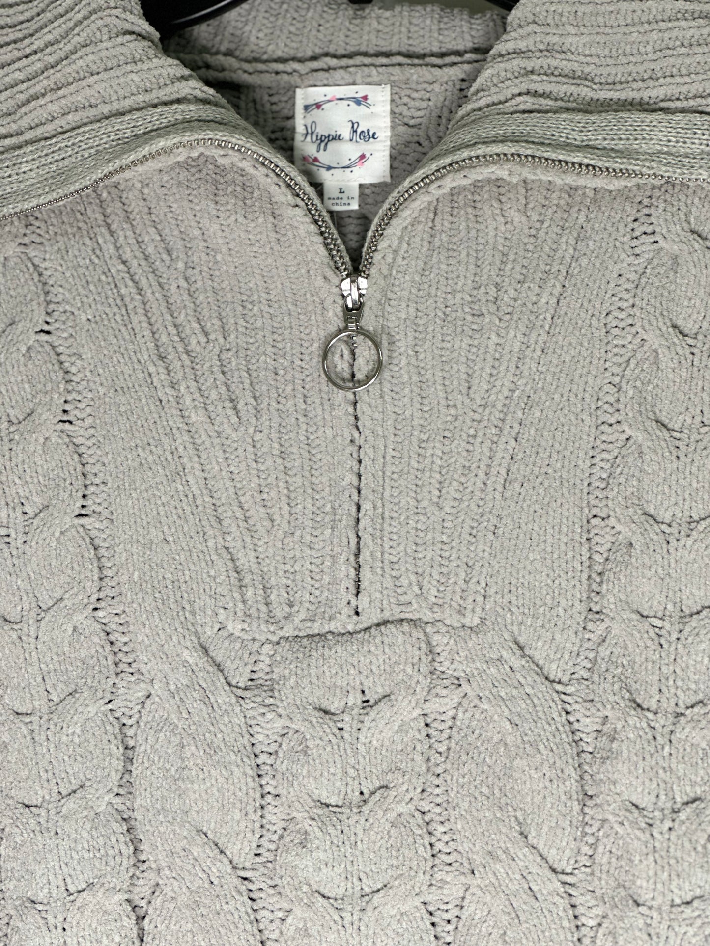HIPPIE ROSE Chenille Collared Quarter-Zip Cable-Knit Sweater