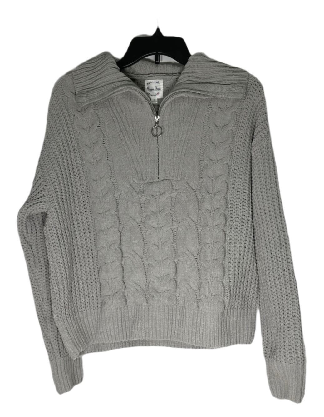 HIPPIE ROSE Chenille Collared Quarter-Zip Cable-Knit Sweater