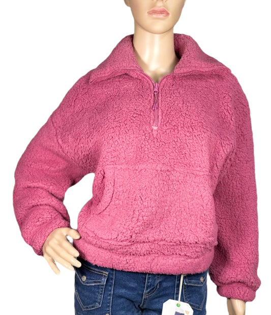 HIPPIE ROSE Extended Quarter-Zip Long-Sleeve Sherpa Sweatshirt