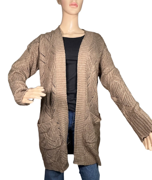 HIPPIE ROSE Pointelle-Knit Long Open Front Cardigan